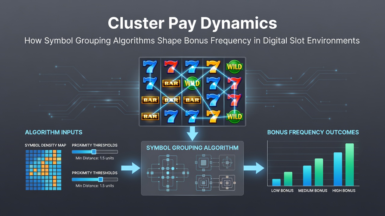 Detailansicht eines Cluster-Pay-Rasters mit aktivierten Bonussymbolen und Kaskadeneffekten in einer digitalen Slot-Umgebung
